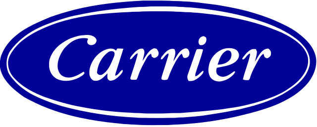 The Carrier logo displays "Carrier" in elegant white script on a blue oval with a white border, symbolizing trusted Coast to Coast service.