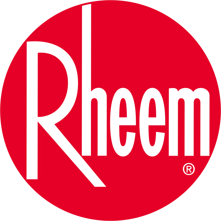 A bold, white “Rheem” logo with an enlarged “R” appears on a bright red circle, proudly representing the trusted Rheem brand—an essential partner in Coast to Coast’s professional HVAC services.