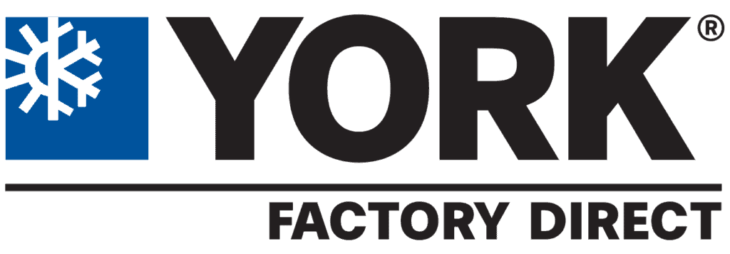 The York Factory Direct logo displays a crisp white snowflake set against a blue square, symbolizing freshness and reliability. Next to the icon, bold black lettering spells out “YORK,” with “FACTORY DIRECT” in smaller type beneath a sleek black line, reflecting Coast to Coast’s commitment to quality service and trusted products for customers.
